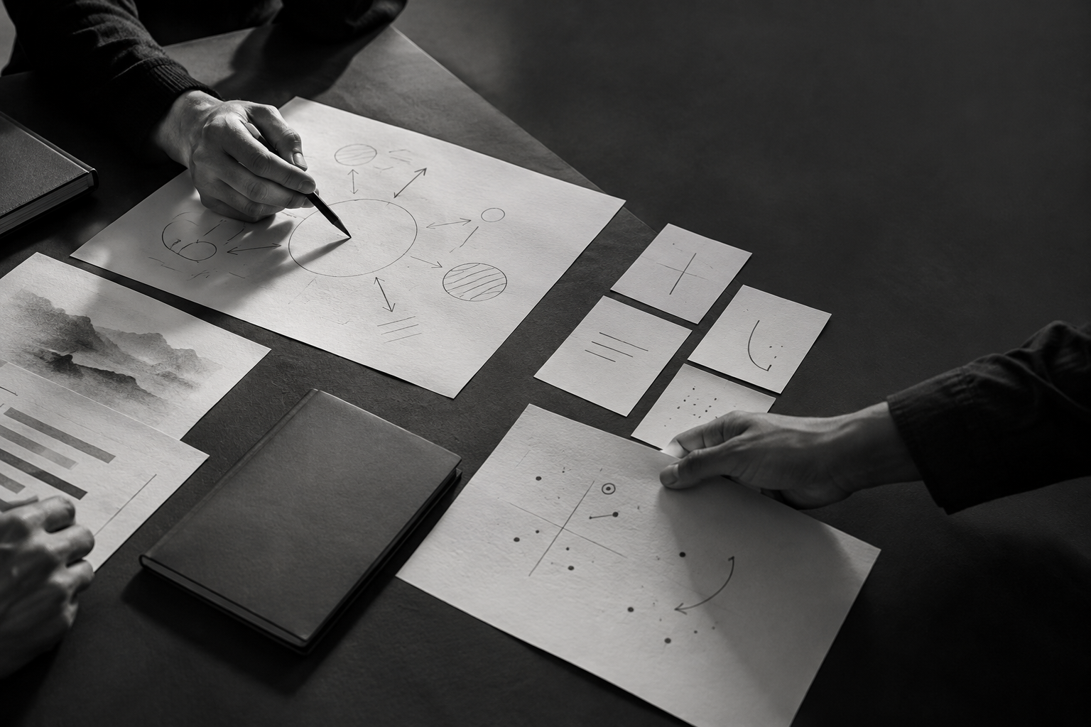 Escena conceptual de trabajo: manos, documentos y decisiones compartidas.